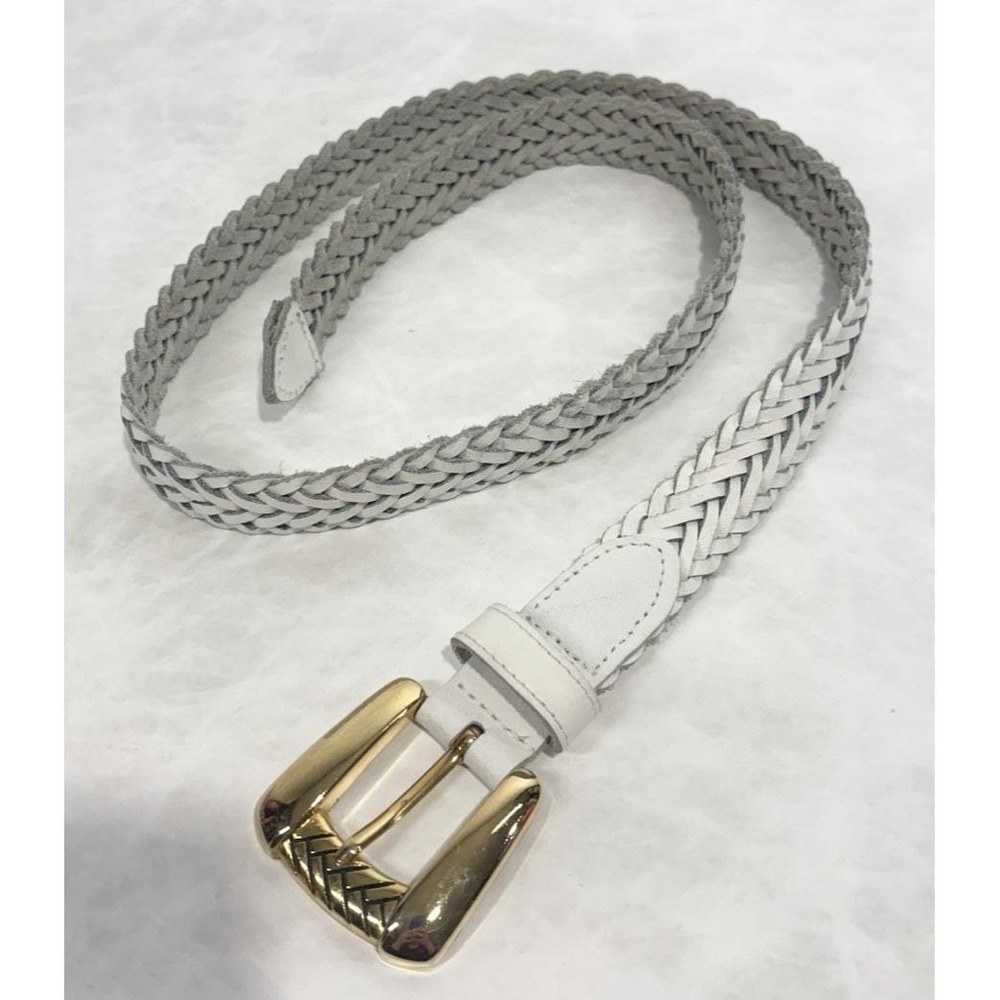 CHIC Signed White Braided Leather Belt Gold‎ Tone Buckle Adjustable Up To 39"